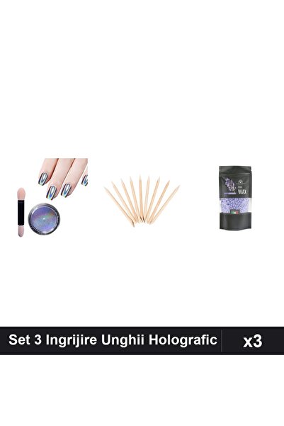 Makeup Set 3 Ingrijire Unghii cu Pigment Holografic Unicorn, Betisoare Portoc...