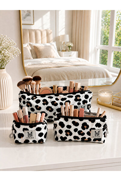 MAKE BAG YENİ BEYAZ LEOPAR DESENLİ 3'LÜ SET MAKYAJ ÇANTASI