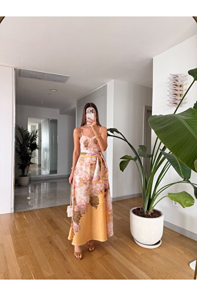MERVE AKSOY Soft Çiçek Desenli Askılı Elbise - Turuncu