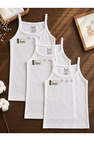 Tutku Girls' Cotton Undershirt with String Straps, Pack of 3, Embroidered Whi...