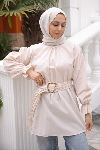 İmajButik Beige Elastic Cuffed Belted Shirt