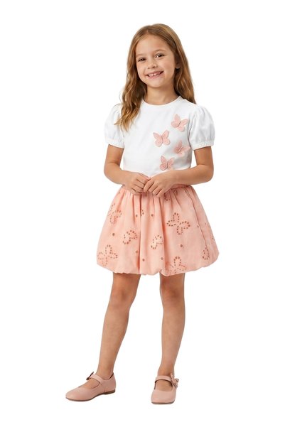 mycuess Girl's 2-Piece Set Butterfly Detailed T-Shirt Balloon Skirt 6-9 Years