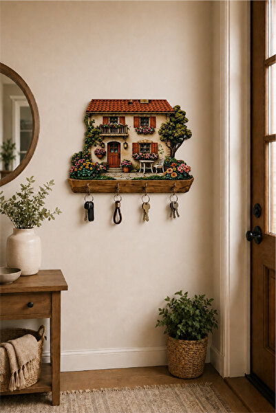no77decor Rustik Bahçeli Ev Temalı Dekoratif Duvar Askılı Anahtarlık – 3D Gör...