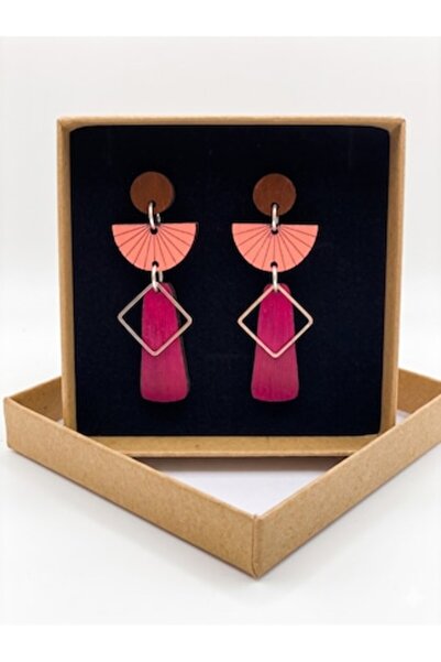 OEM Handmade Geometric earrings, magenta, pink, painted on wood, hypoallergen...