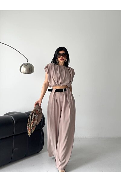Celiora Women's Belted Casual Trousers Crop Blouse Double Set