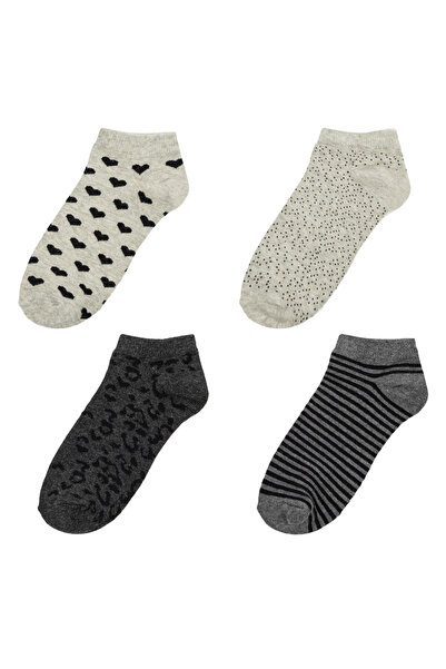 Zumzeria Short Grey Beige Animal Print Hearts Stripes Socks for Women - 4 pairs