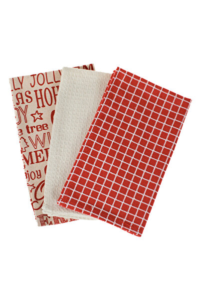 OEM Red and Ecru Christmas Kitchen Towels with Letters 60x35cm - 3pcs