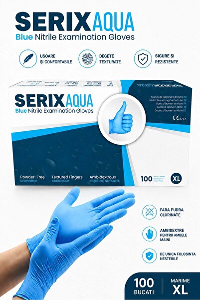 SERIX Set 100 Manusi Examinare Nitril Albastre, Nepudrate, Aqua (XL)