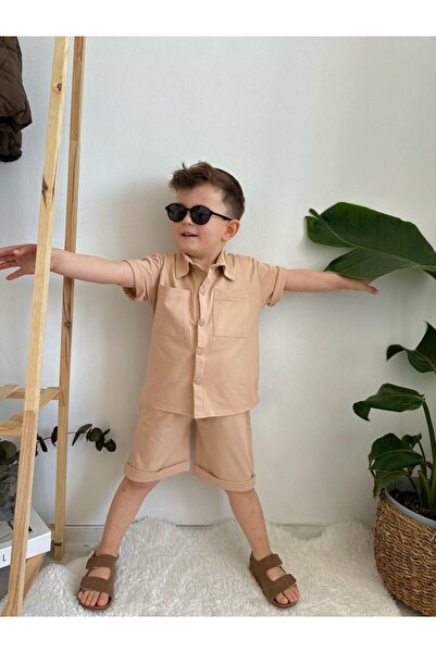 Jannock Boy's Beige Double Pocket Short-Sleeved Shirt and Shorts 2-Piece Summ...