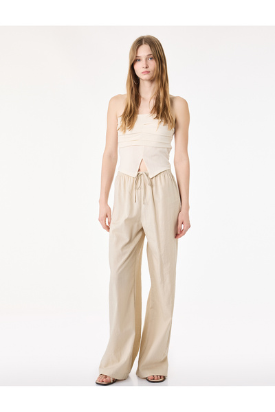 Koton Beli Lace-Up Viscose Blend Long Wide Leg Trousers