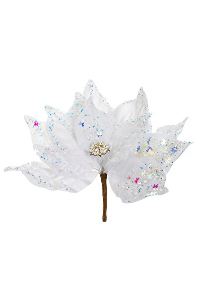 Zumzeria Floare decorativă albă de Crăciun cu pietre holografice și cleme 24cm