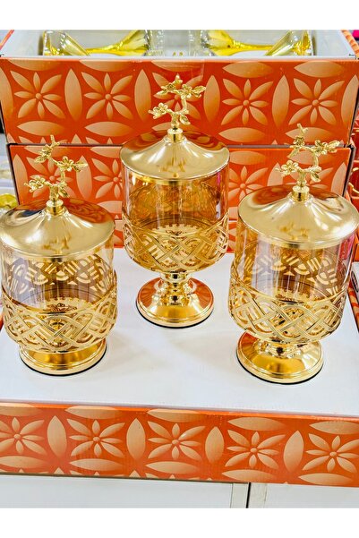 EVRA Metal Ayaklı 3 Adet Gold Şekerlik