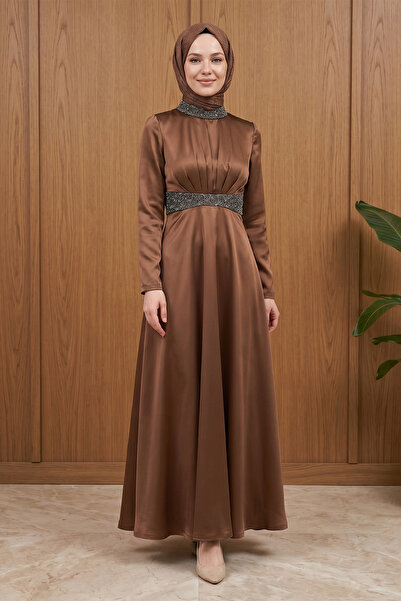 FERHEL Women's Satin Evening Dress with Stone Detail on Collar and Waist - Brown