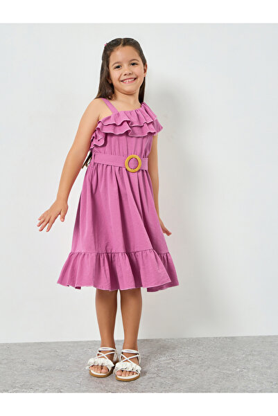 Styli Girls Pink Ruffle Sleeveless Belted Dress