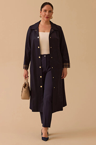 Gala-Xi Galaxi Women's Plus Size Plaid Pattern Detailed Trench Coat 4002 Navy...