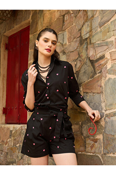 Sassafras By Styli Black Heart Print Shirt and Paperbag Shorts Co-Ords