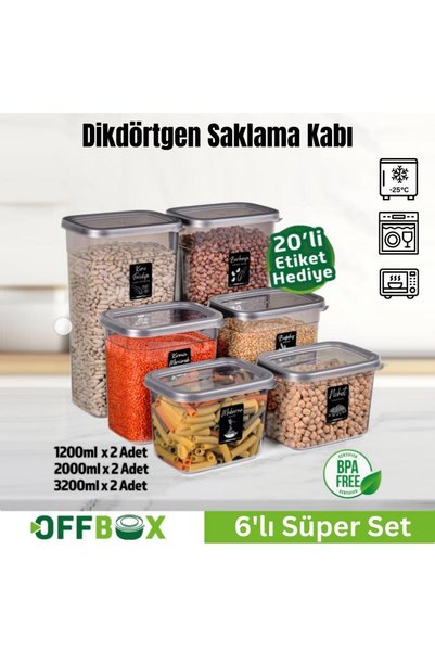 OFFBOX Dikdörtgen Bakliyat Baharat Gıda Saklama Kabı - 3 Çeşit - 6 Adet
