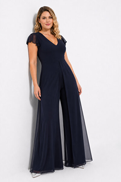 Şans Women's Plus Size Navy Blue, V-Neck, Tulle Detailed Outside, Short Sleev...