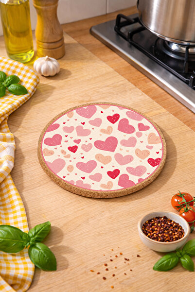 Pink Heart Patterned Mushroom Final Pot Pan Coaster 19cm Diameter 1cm Thickness