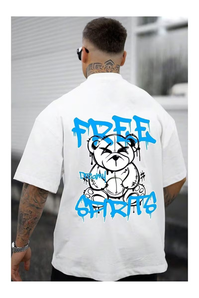 Massgai Unisex Free Bear Printed Oversize 100% Cotton T-Shirt