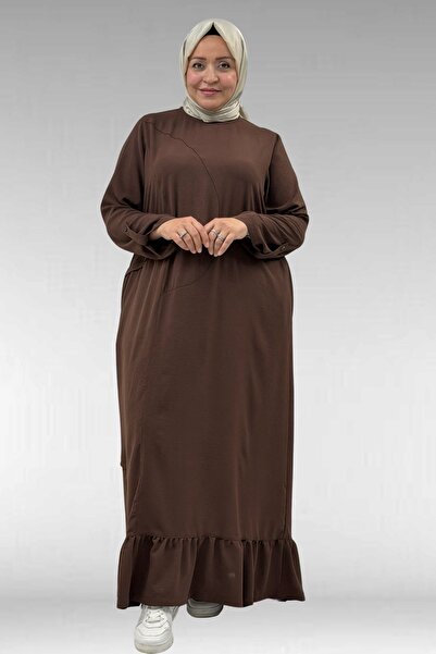 62010 Plus Size Airobin Dress with Rivet on Front Placket and Pattern - Brown
