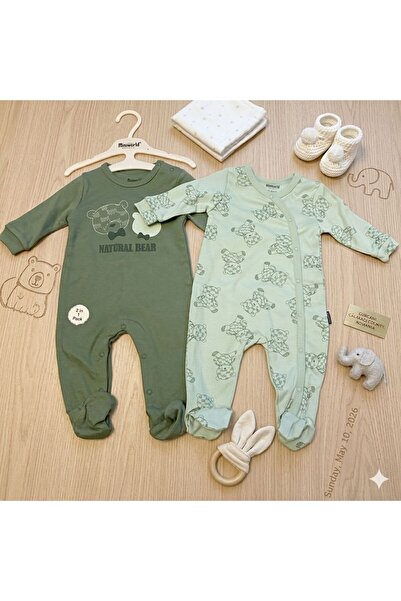 Victorino Set of two overalls with booties and snap closure - teddy bear pattern