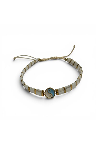 DEHNA White - Gold Yellow Tila Bead Unisex Bracelet with Ying Yang Figure, Ad...