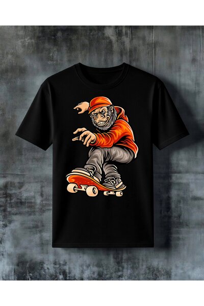 COMVİCHO Monkey Skateboard Printed Oversize T-Shirt