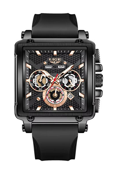 Lige Men's Watch 2025 Square Chronograph Black – Rectangular Dial, Day/Date, ...