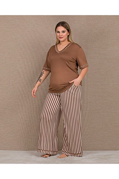 Viselya Patterned Short Sleeve Plus Size Pajama Set