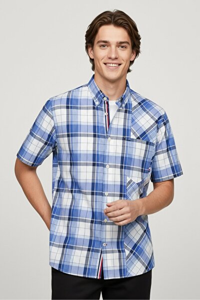 Tommy Hilfiger Men Regular Fit Short Sleeve Checkered Casual Shirt, Multicolor