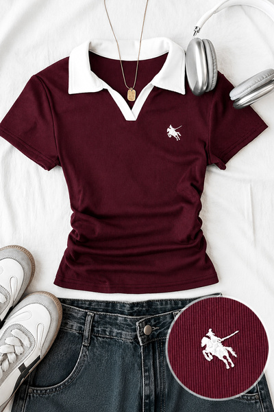 İlayda Toprak Soul Bordo Polo Yaka Fitilli Likralı Nakışlı Premium Büzgülü Kı...