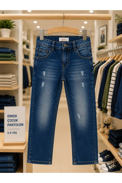 Butik Erkek Çocuk Mavi Kot Pantolon Rahat Kalıp 5-6 Yaş