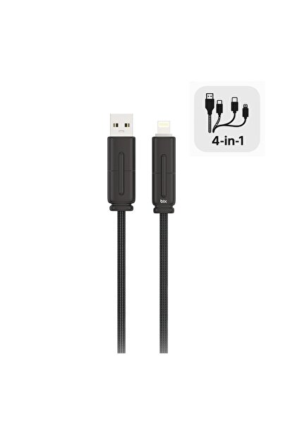 Bix BX4IN1C 65W USB-A & Type-C & Lightning Çok Fonksiyonlu Örgülü Şarj ve Dat...
