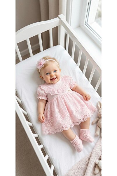 Bebila Baby Kız Bebek Mevlütlük Elbise Yazlık Bandanalı Dantelli Yeni doğan H...