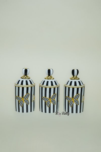 Miss Betty Papillon 3-Piece Porcelain Spice Jar Set with Lids Modern Kitchen Spice Set