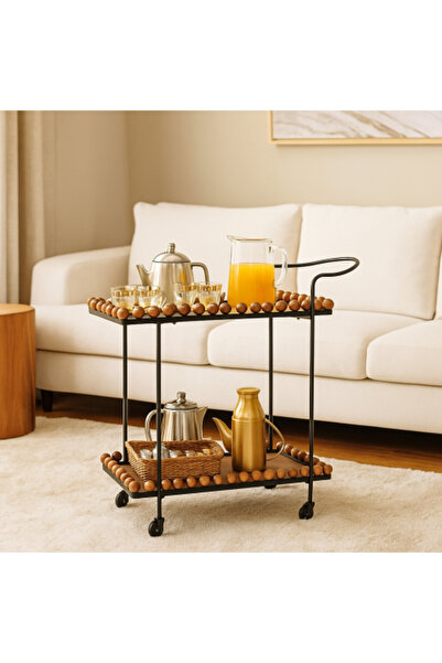 Palma homez Serving cart with black metal rollers and wooden layers, distinct...
