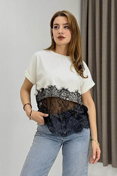 Raneel Kazançlı Alışveriş Women's Skirt Full Lace Short Sleeve Crew Neck Blou...