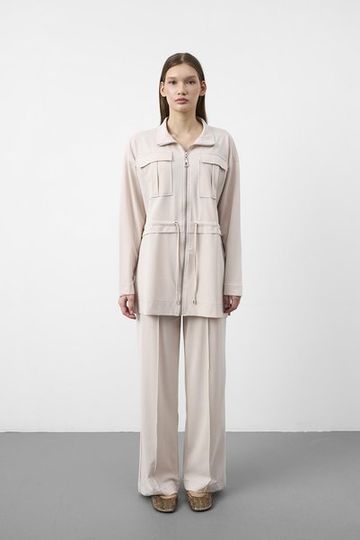 Basicpark Bej Tencel Flowy Texture Adjustable Waist Pre-Stitched Jacket and Pants Set