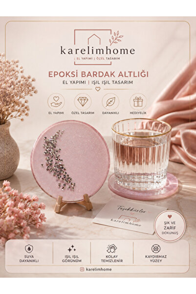 karelim home Set of 4 Pink Glitter Coasters with Epoxy Silver Foil Special Se...