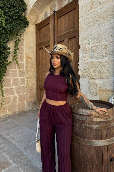 Jaglion New Season Summer Ribbed Fabric Crew Neck Ruffle Top and Pants Set