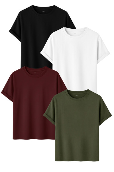 DK DAKSEL Men's 4-Piece Basic T-Shirt Pack Black White Burgundy Khaki Color C...