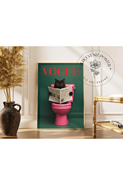512 STORE Estetik Pembe Klozet Üstünde Oturan Siyah Kedi Banyo Duvar Dekor Ku...