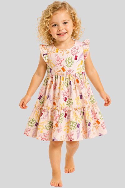 Haribo Girl's Floral and Teddy Bear Patterned Flounced Muslin Dress