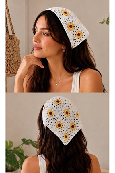 Alfa famouss Kadın Beyaz Sarı çiçekli File Model Bandana, Örgü Bandana
