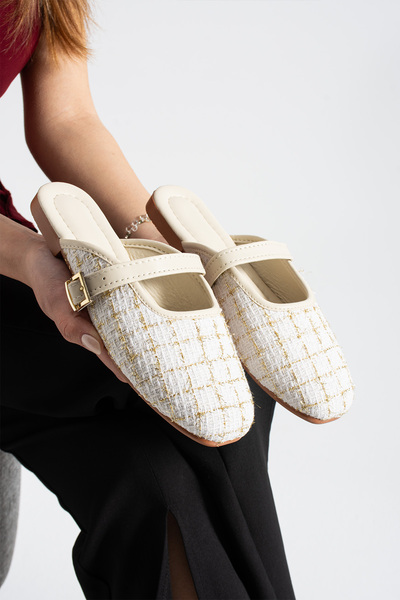 star shoes Papuci de damă din țesătură albă din tweed, cu cataramă elegantă, ...