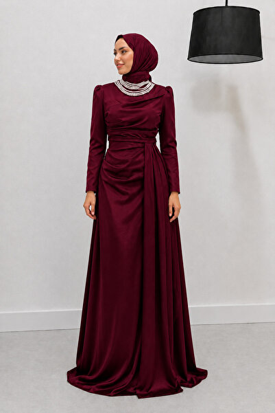 Abiye Diyarı Ravia Pearl Pendant Tail Satin Fabric Hijab Evening Dress