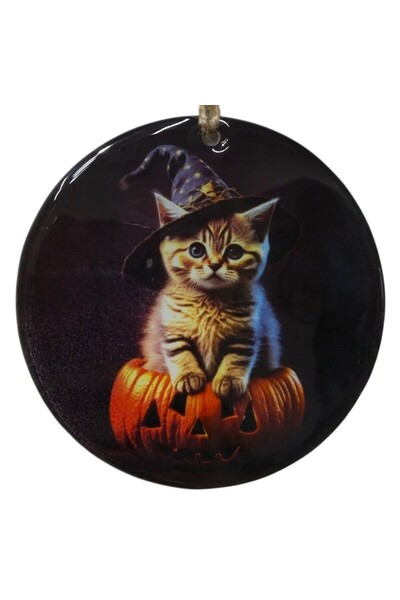 Sihirbaz Kedi Temalı Cam Kapı Süsü - Hediyelik Halloween Dekorasyonu - 12 cm