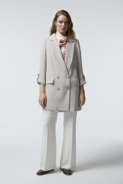 Zühre Double-Breasted Collar Sleeve Detailed Beige Jacket 0002