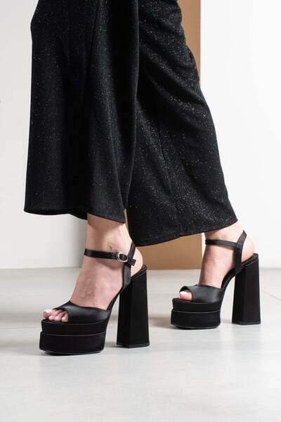 FSKOMBİN Mota Black Satin Women's Special Design High Heeled Platform Shoes